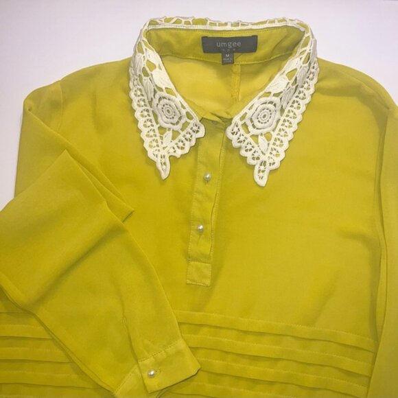 Umgee USA Mustard Yellow Blouse with Crochet Collar – Size M - Picture 8 of 11